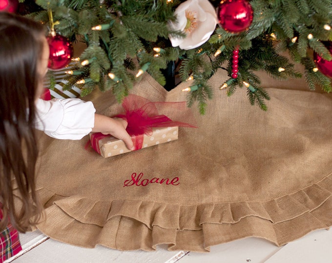 Natural Burlap Christmas Tree Skirt with Ruffles FREE Personalization