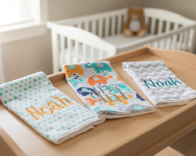 Monogrammed Burp Cloths: Set of 3, Custom Elephant Chevron