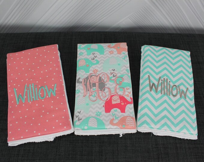 Monogrammed Burp Cloths, Set of 3. Custom made for boy or girl.