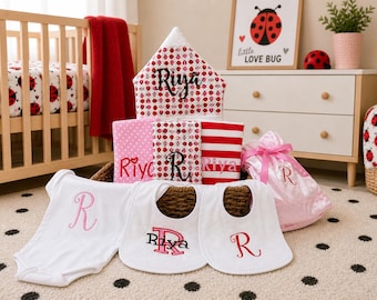 Monogrammed Baby Gift Basket, Personalized Hooded Towel, Burp Cloths, Bibs, Onesie & Quilt