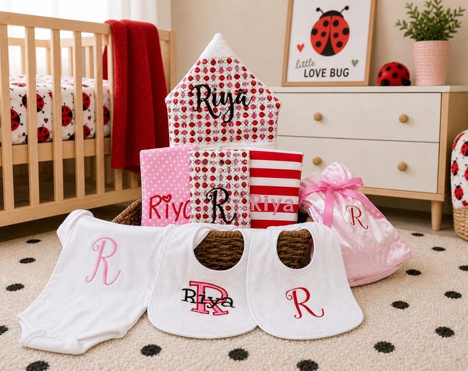 Monogrammed Baby Gift Basket, Personalized Hooded Towel, Burp Cloths, Bibs, Onesie & Quilt