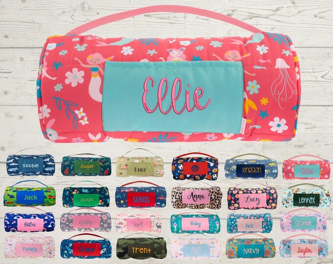Personalized Kids Nap Mat: Attached Minky Blanket, Removable Pillow, Machine Washable, Daycare/Preschool Essential