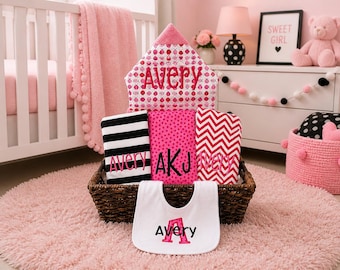 Monogrammed Baby Gift Basket – Personalized Hooded Towel, Burp Cloths & Bib