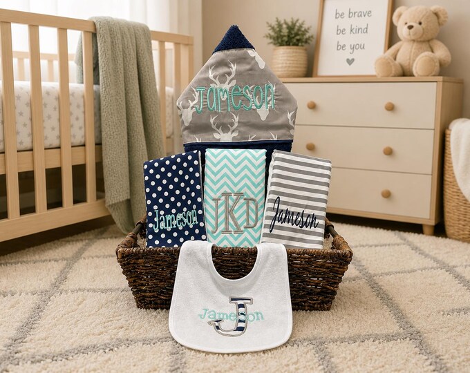 The Original Baby gift basket- Custom for boy or girl monogrammed hooded towel, burp cloths and bib. Perfect baby shower gift!