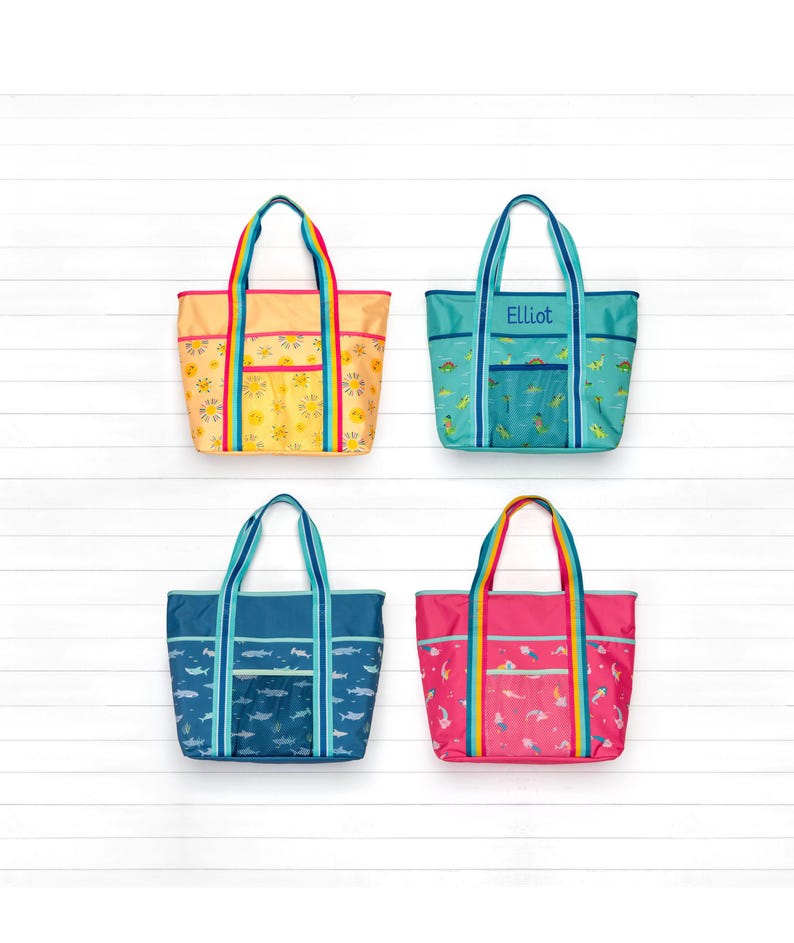 four colorful tote bags with unique patterns and names, arranged in a grid-like pattern on a white background.