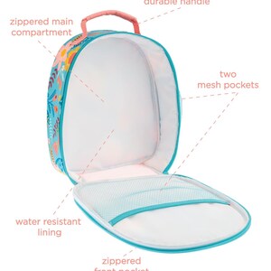 May include: Open, turquoise lunch bag with a floral pattern. Features a durable handle, zippered main compartment, two mesh pockets, water-resistant lining, and a zippered front pocket. The interior is white.