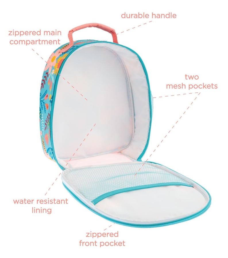 May include: Open, turquoise lunch bag with a floral pattern. Features a durable handle, zippered main compartment, two mesh pockets, water-resistant lining, and a zippered front pocket. The interior is white.