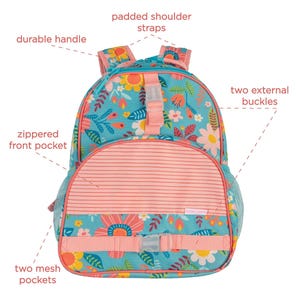 May include: A floral-patterned backpack with a light blue background and pink accents. Features include a zippered front pocket, two mesh pockets, padded shoulder straps, and two external buckles. The backpack has a durable handle.