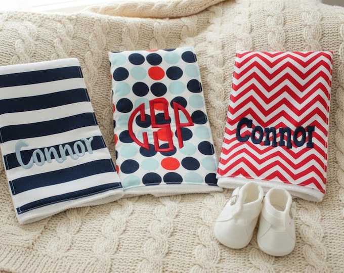 Monogrammed Burp Cloths, Set of 3. Custom made for boy or girl.