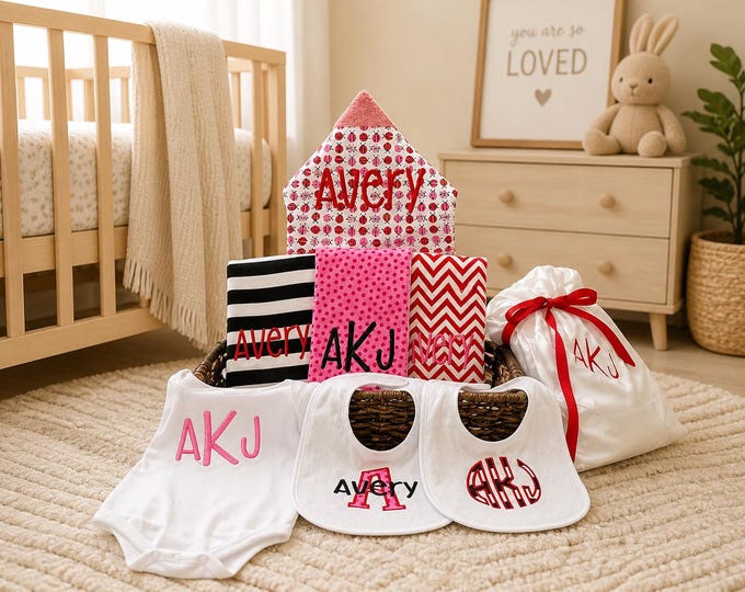 Monogrammed Baby Gift Basket, Personalized Hooded Towel, Burp Cloths, Bibs, Onesie & Quilt