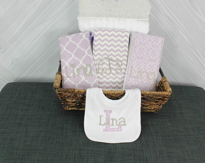 Monogrammed Baby Gift Basket – Personalized Hooded Towel, Burp Cloths & Bib