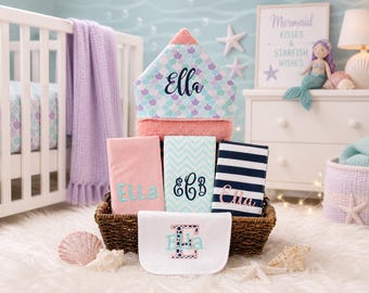 The Original Baby gift basket- Custom for boy or girl monogrammed hooded towel, burp cloths and bib. Perfect baby shower gift!