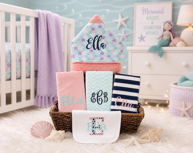 The Original Baby gift basket- Custom for boy or girl monogrammed hooded towel, burp cloths and bib. Perfect baby shower gift!