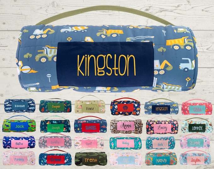 Personalized Kids Nap Mat: Attached Minky Blanket, Removable Pillow, Machine Washable, Daycare/Preschool Essential