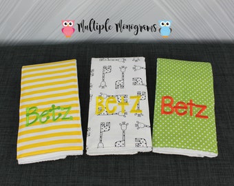 Monogrammed Burp Cloths, Set of 3. Custom made for boy or girl.