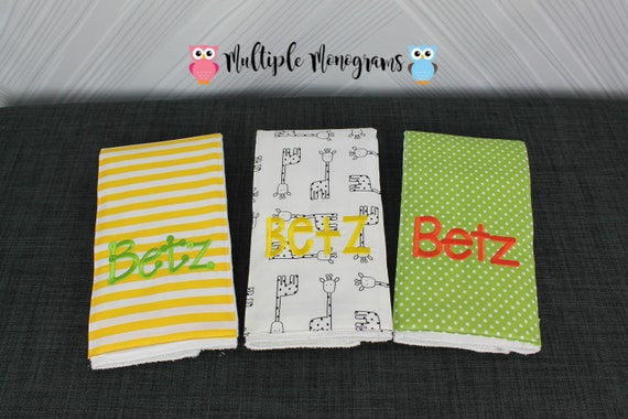 Monogrammed Burp Cloths, Set of 3. Custom made for boy or girl.