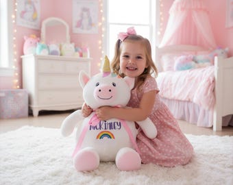 Squishy Stuffed Animal with Custom Embroidery Personalization Unicorn, Cat, Puppy, Hippo or Moose