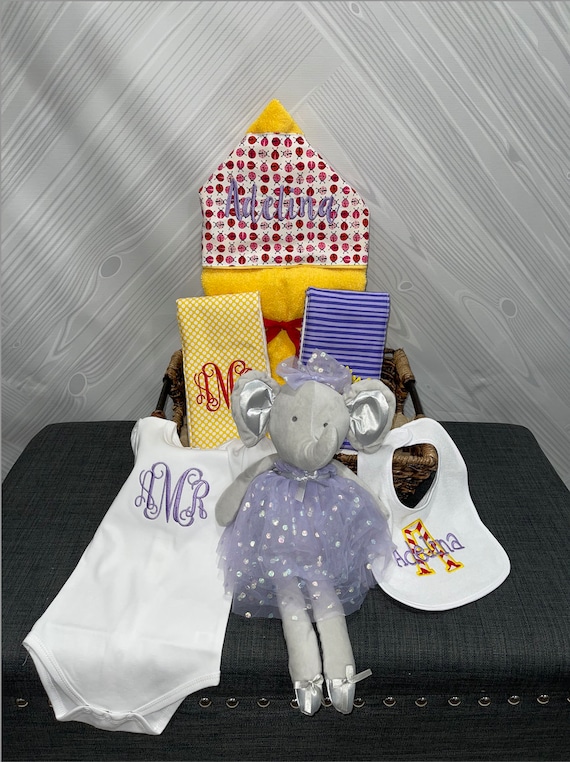 All That and a Plush Baby gift basket- Custom for boy or girl monogrammed hooded towel, burp cloths, bib, onesie and 16" plush animal