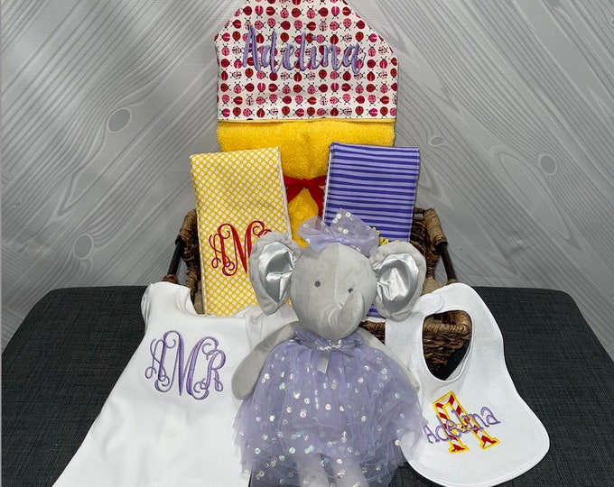 All That and a Plush Baby gift basket- Custom for boy or girl monogrammed hooded towel, burp cloths, bib, onesie and 16" plush animal