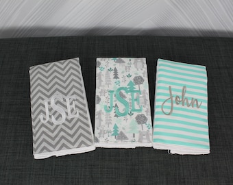 Monogrammed Burp Cloths, Set of 3. Custom made for boy or girl.