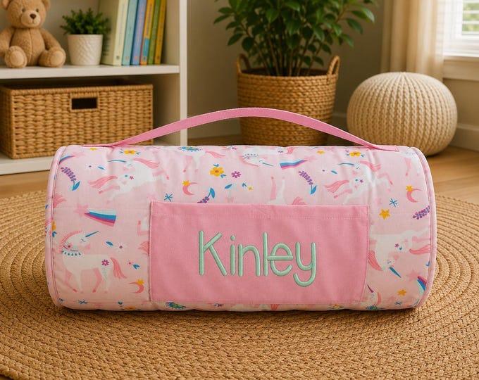 Personalized Kids Nap Mat: Attached Minky Blanket, Removable Pillow, Machine Washable, Daycare/Preschool Essential