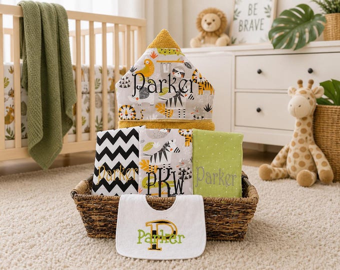Monogrammed Baby Gift Basket – Hooded Towel, Burp Cloths & Bib