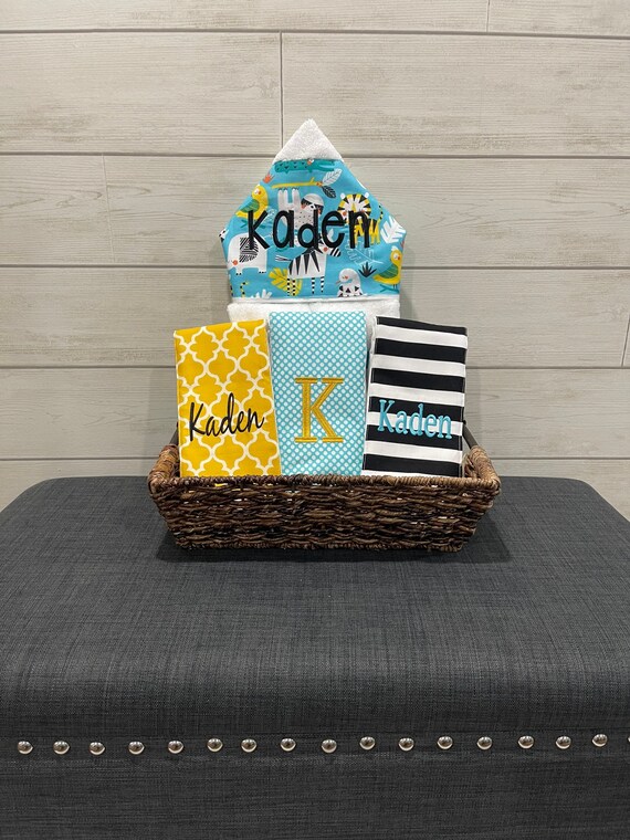 The Bath and Burp gift basket- Custom for boy or girl monogrammed hooded towel and burp cloths. Perfect baby shower gift!