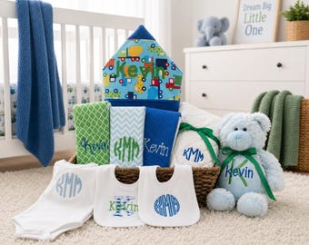 Monogrammed Baby Gift Basket, Personalized Hooded Towel, Burp Cloths, Bibs, Onesie, Quilt & Stuffed Animal