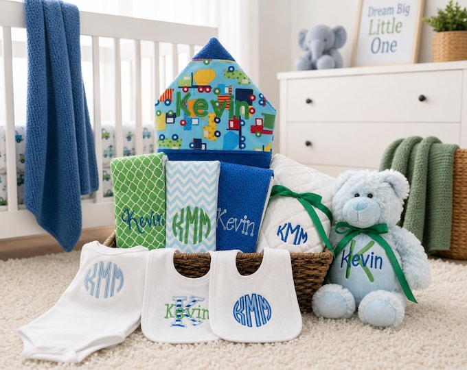 Monogrammed Baby Gift Basket, Personalized Hooded Towel, Burp Cloths, Bibs, Onesie, Quilt & Stuffed Animal