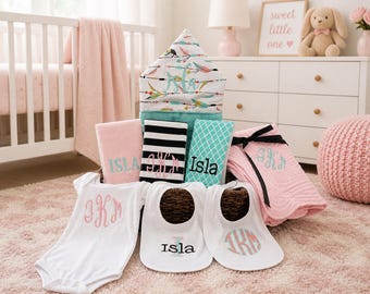 Monogrammed Baby Gift Basket, Personalized Hooded Towel, Burp Cloths, Bibs, Onesie & Quilt