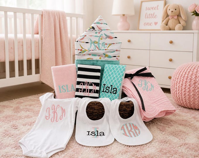 Monogrammed Baby Gift Basket, Personalized Hooded Towel, Burp Cloths, Bibs, Onesie & Quilt