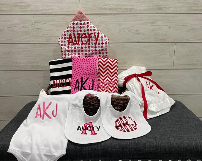 Monogrammed Baby Gift Basket, Personalized Hooded Towel, Burp Cloths, Bibs, Onesie & Quilt
