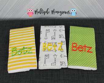 Monogrammed Burp Cloths, Set of 3. Custom made for boy or girl.