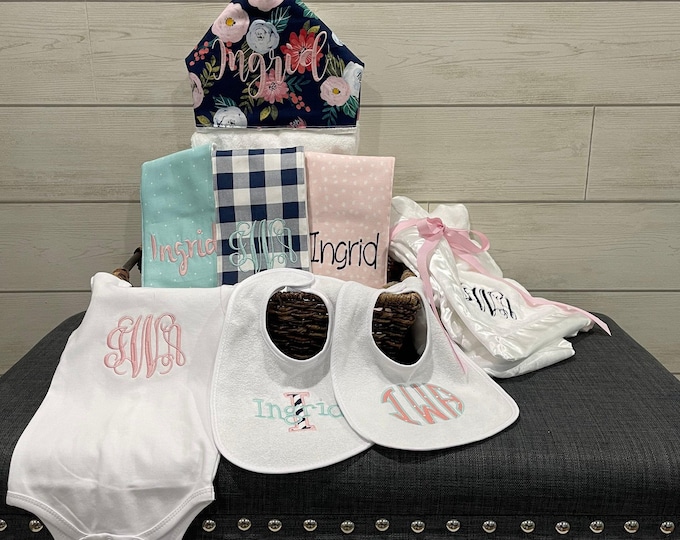 Monogrammed Baby Gift Basket, Personalized Hooded Towel, Burp Cloths, Bibs, Onesie & Quilt