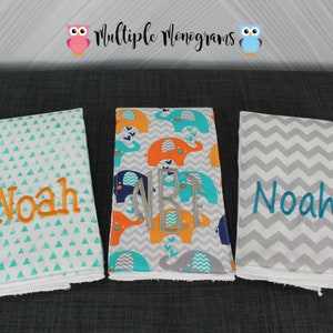 Spucktücher mit Monogramm, 3er-Set, handgefertigt für Junge oder Mädchen, mutige Elefanten Chevron Spucktücher