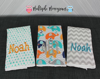 Monogrammed Burp Cloths: Set of 3, Custom Elephant Chevron