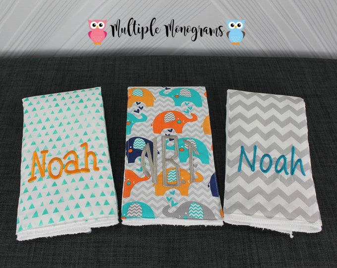 Monogrammed Burp Cloths: Set of 3, Custom Elephant Chevron