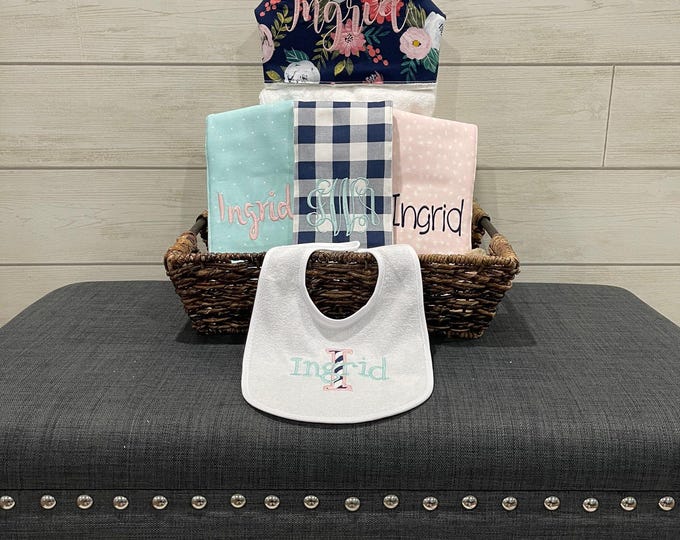 Monogrammed Baby Gift Basket – Hooded Towel, Burp Cloths & Bib