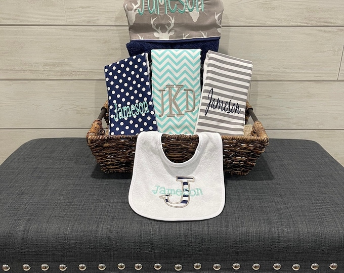 The Original Baby gift basket- Custom for boy or girl monogrammed hooded towel, burp cloths and bib. Perfect baby shower gift!
