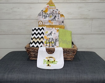 Monogrammed Baby Gift Basket – Hooded Towel, Burp Cloths & Bib