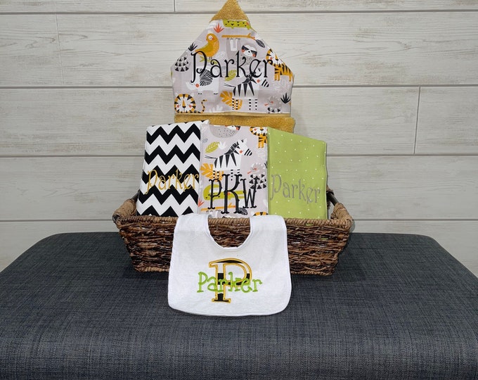 The Original Baby gift basket- Custom for boy or girl monogrammed hooded towel, burp cloths and bib. Perfect baby shower gift!