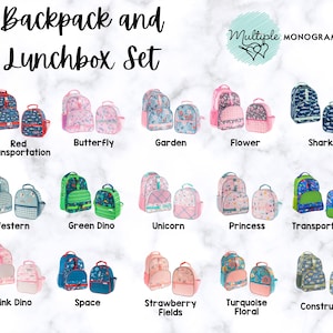 May include: A collection of matching backpack and lunchbox sets. Designs include red transportation, butterfly, garden, flower, shark, western, green dino, unicorn, princess, transportation, pink dino, space, strawberry fields, turquoise floral, and construction.