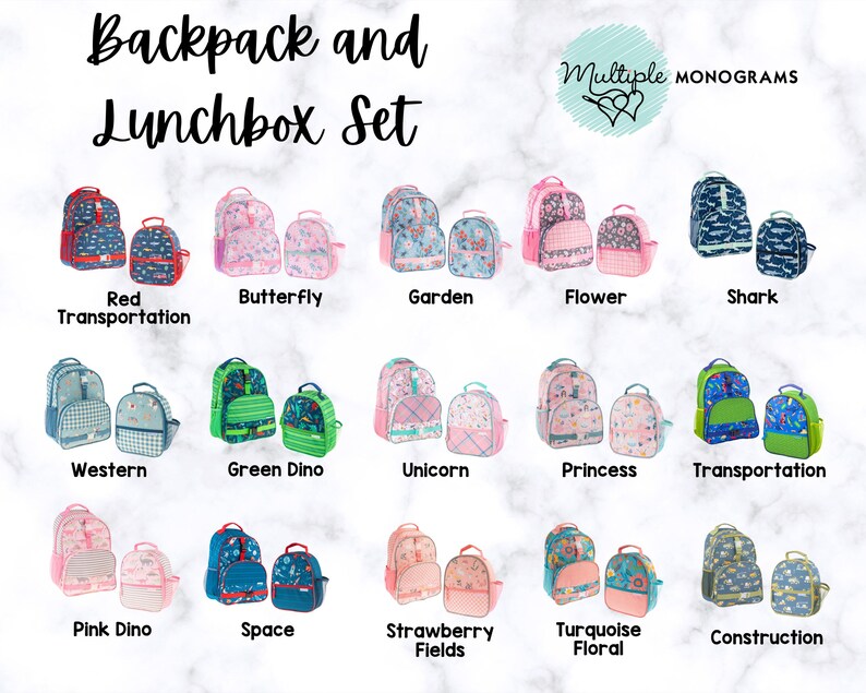 May include: A collection of matching backpack and lunchbox sets. Designs include red transportation, butterfly, garden, flower, shark, western, green dino, unicorn, princess, transportation, pink dino, space, strawberry fields, turquoise floral, and construction.