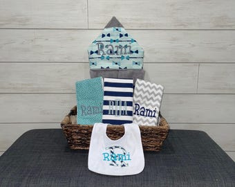 Monogrammed Baby Gift Basket – Hooded Towel, Burp Cloths & Bib Set