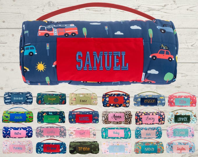 Personalized Kids Nap Mat: Attached Minky Blanket, Removable Pillow, Machine Washable, Daycare/Preschool Essential