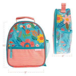 May include: A floral-patterned lunch bag, approximately 10 inches tall, 9 inches wide, and 4 inches deep. The bag features a teal background with colorful flowers, a coral-colored striped bottom, a mesh side pocket, and a pink handle.
