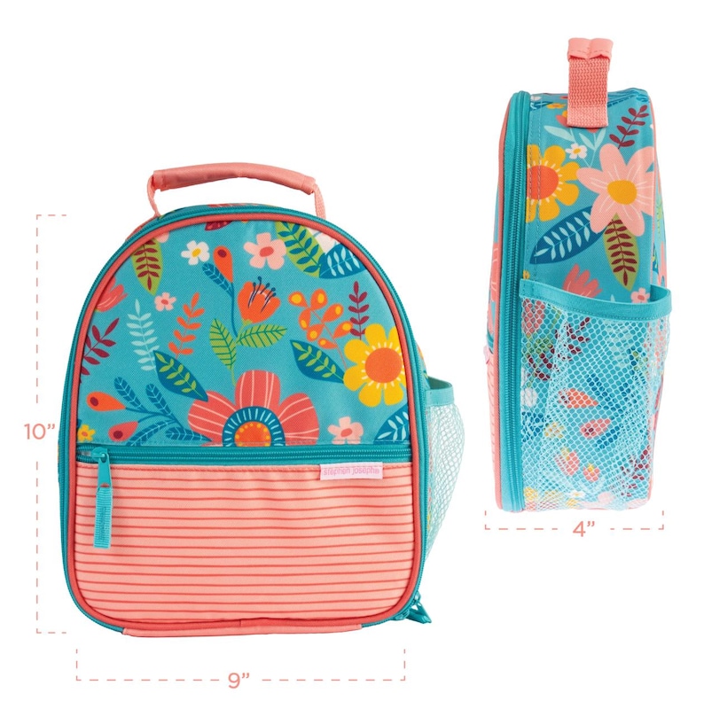 May include: A floral-patterned lunch bag, approximately 10 inches tall, 9 inches wide, and 4 inches deep. The bag features a teal background with colorful flowers, a coral-colored striped bottom, a mesh side pocket, and a pink handle.