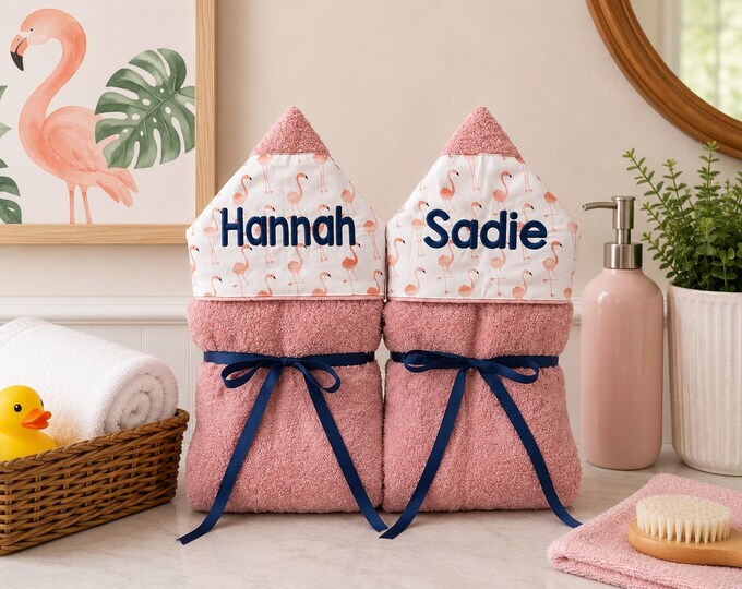 Set of 2 Monogrammed Hooded Baby or Kids Towels. Perfect for twins or siblings. Custom made to order for boy/boy, girl/girl or boy/girl.