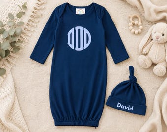 Embroidery Monogrammed Infant Baby Boy Gown with side zipper and Optional Hat