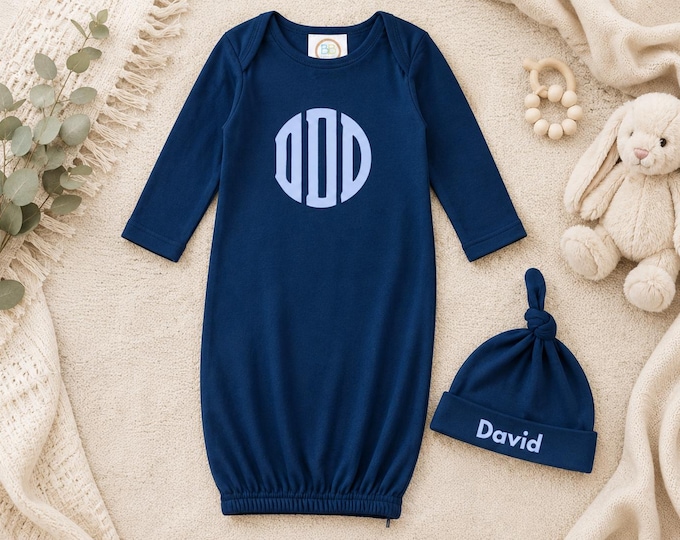 Embroidery Monogrammed Infant Baby Boy Gown with side zipper and Optional Hat